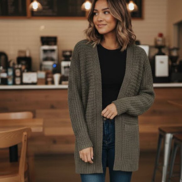 Ladies Bobeau Chunky Knit Relaxed Fit Cardigan - Size Small - Olive Color - Picture 1 of 5